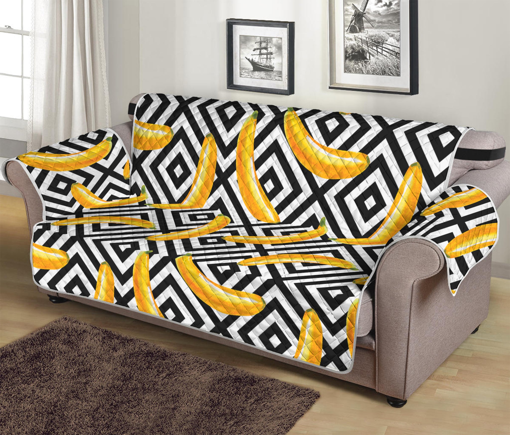 Black And White Geometric Banana Print Sofa Protector