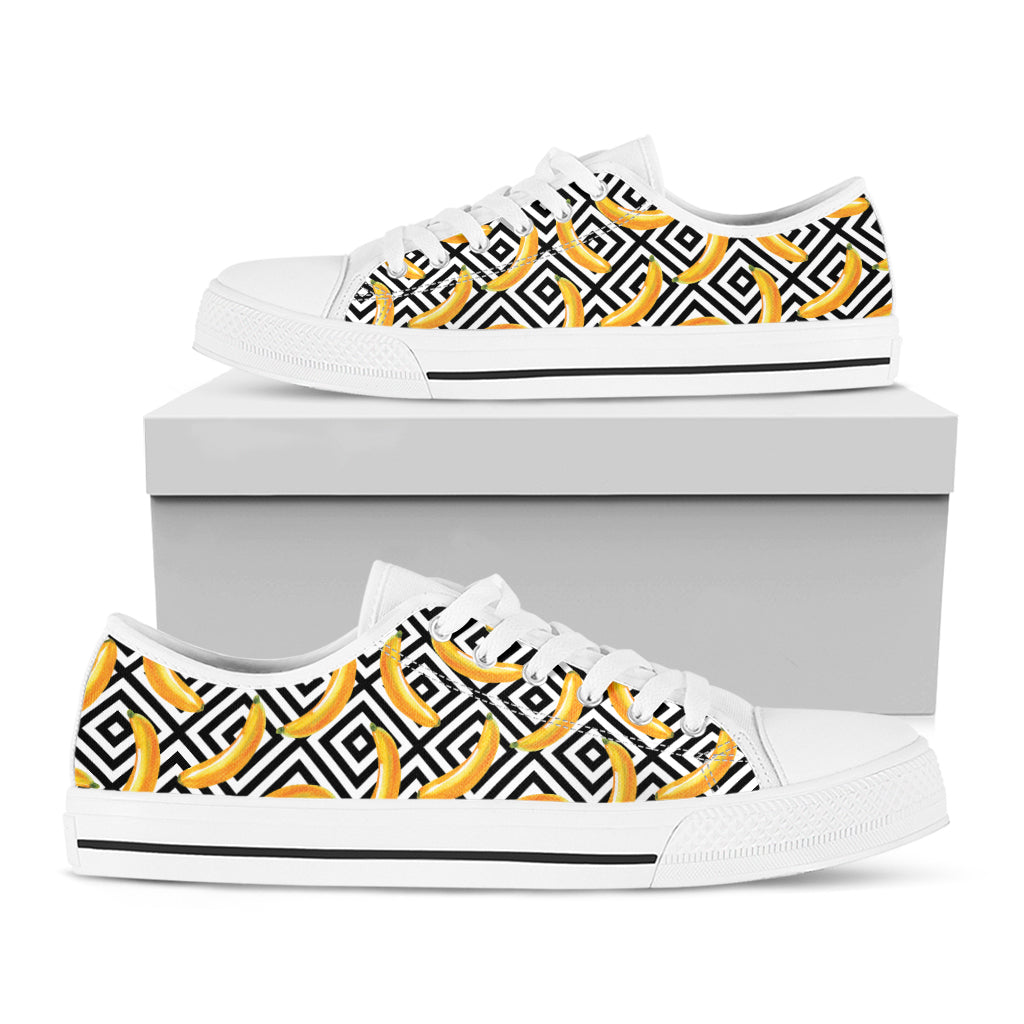 Black And White Geometric Banana Print White Low Top Shoes