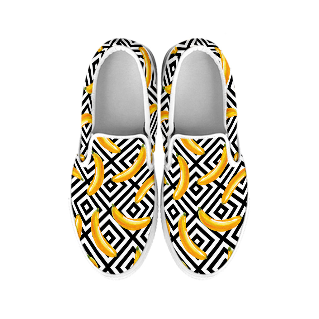 Black And White Geometric Banana Print White Slip On Shoes