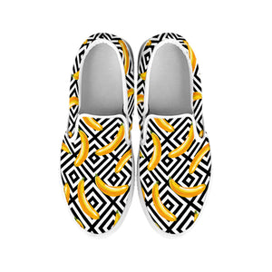 Black And White Geometric Banana Print White Slip On Shoes