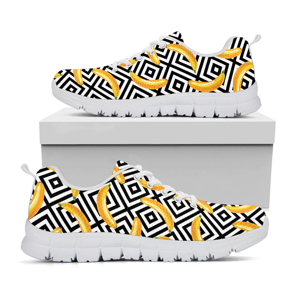 Black And White Geometric Banana Print White Sneakers