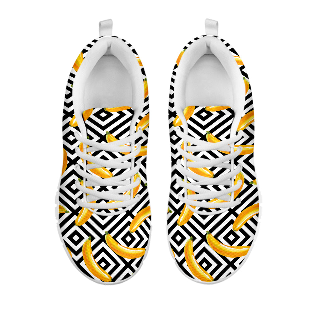 Black And White Geometric Banana Print White Sneakers