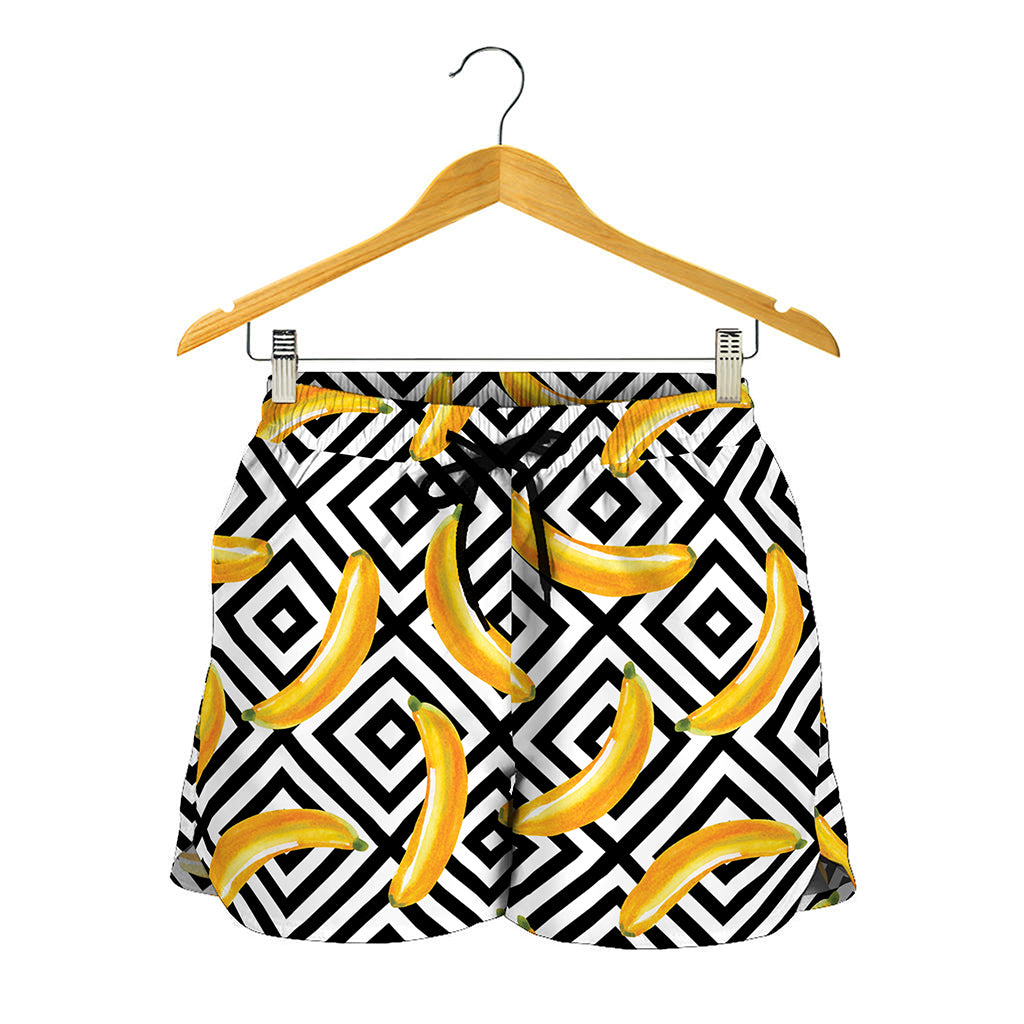 Black And White Geometric Banana Print Women's Shorts