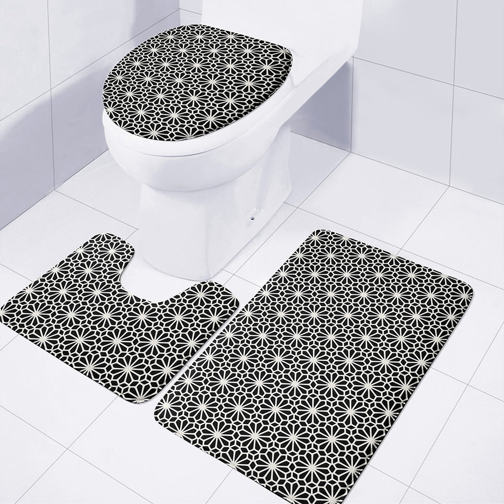 Black And White Geometric Floral Print 3 Piece Bath Mat Set