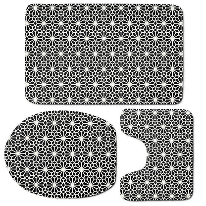 Black And White Geometric Floral Print 3 Piece Bath Mat Set