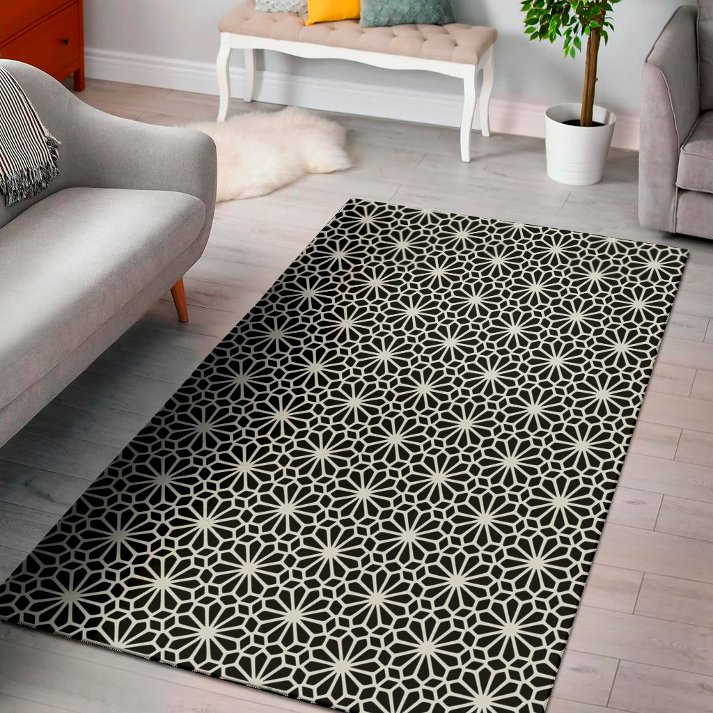 Black And White Geometric Floral Print Area Rug