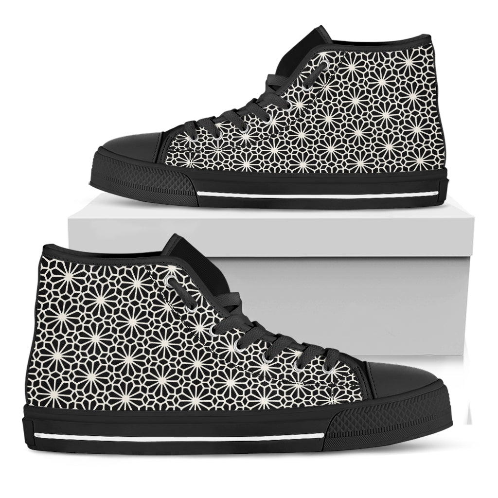 Black And White Geometric Floral Print Black High Top Shoes