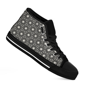 Black And White Geometric Floral Print Black High Top Shoes