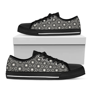 Black And White Geometric Floral Print Black Low Top Shoes