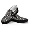 Black And White Geometric Floral Print Black Slip On Shoes