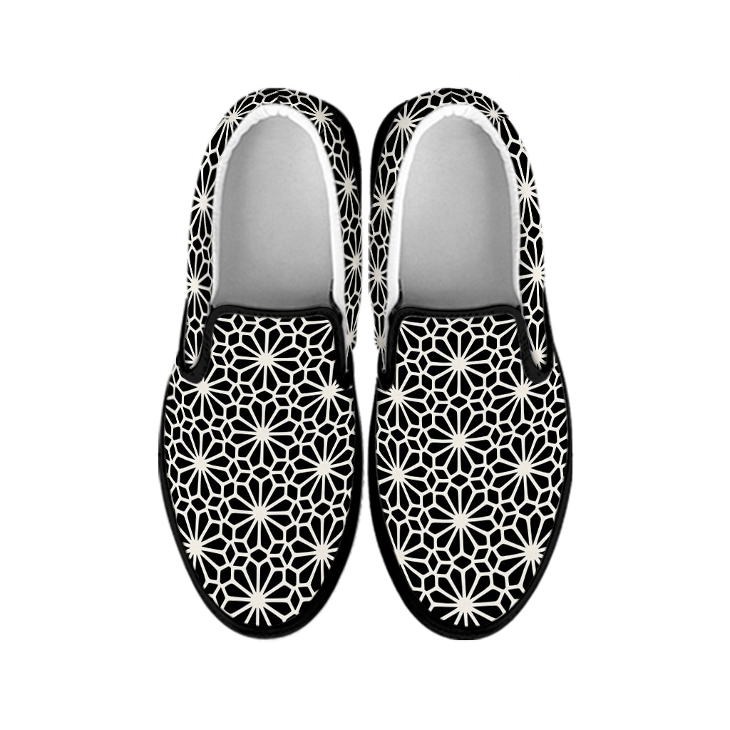 Black And White Geometric Floral Print Black Slip On Shoes