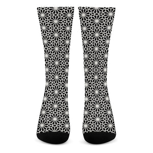 Black And White Geometric Floral Print Crew Socks