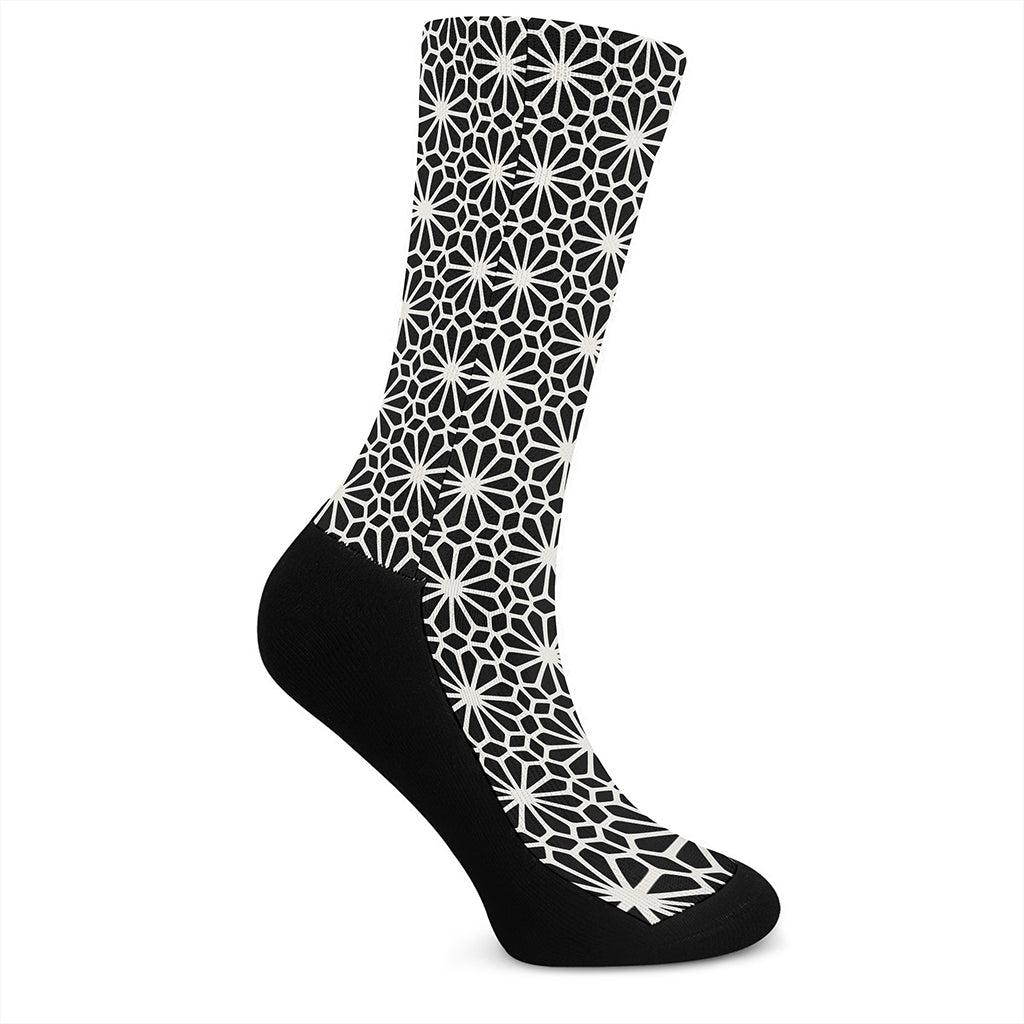 Black And White Geometric Floral Print Crew Socks