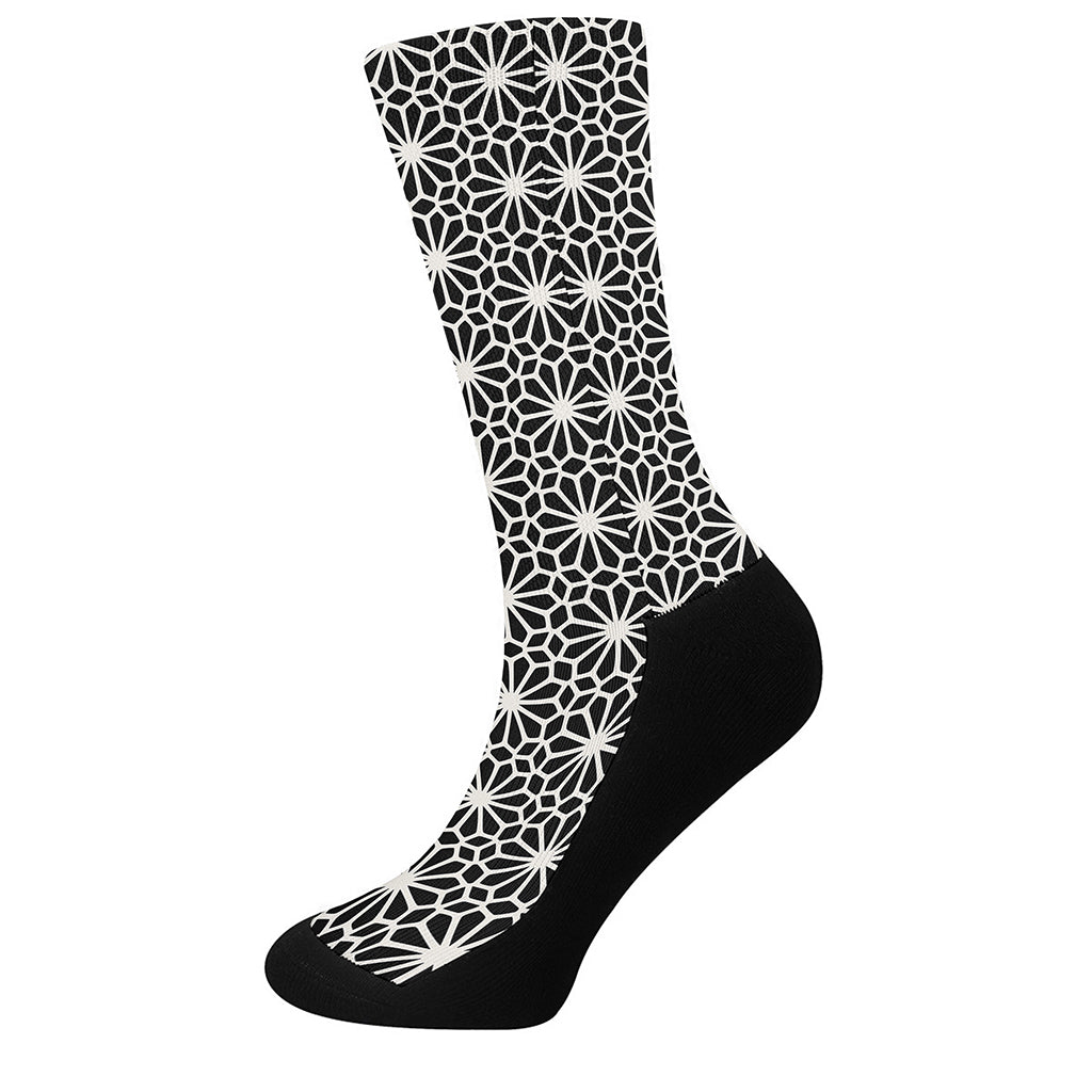 Black And White Geometric Floral Print Crew Socks