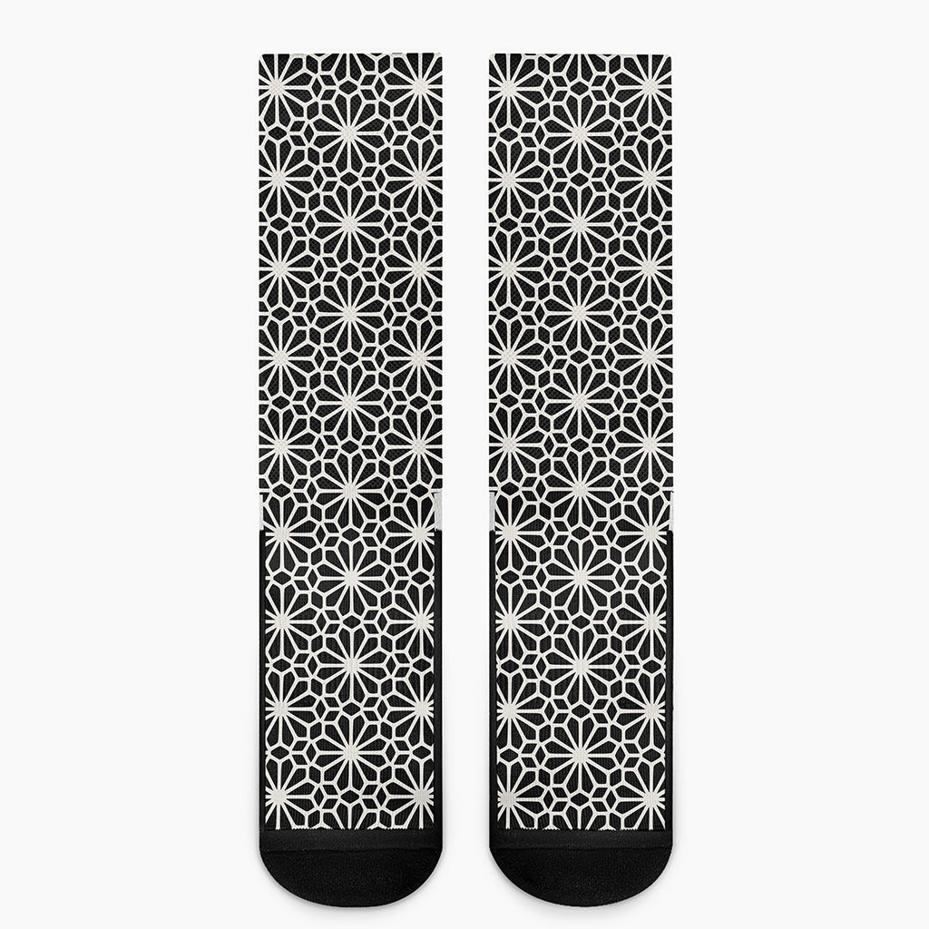 Black And White Geometric Floral Print Crew Socks