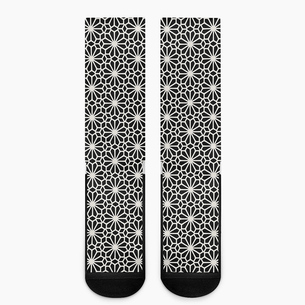 Black And White Geometric Floral Print Crew Socks