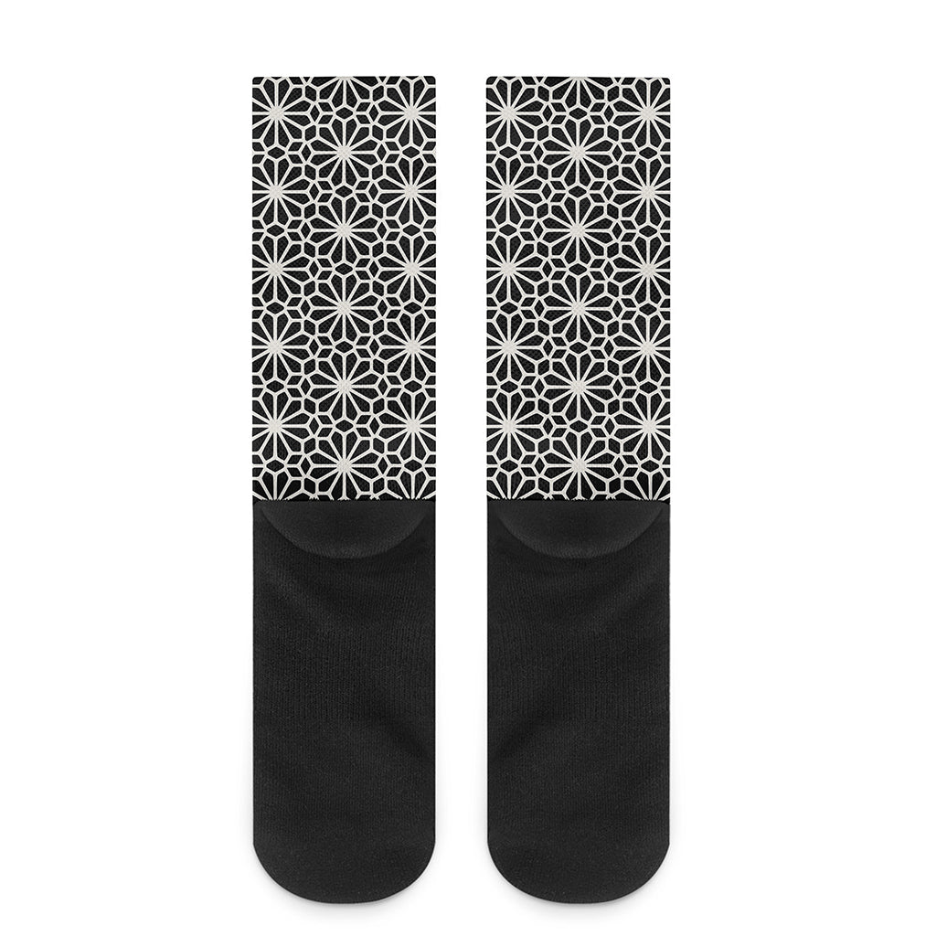 Black And White Geometric Floral Print Crew Socks