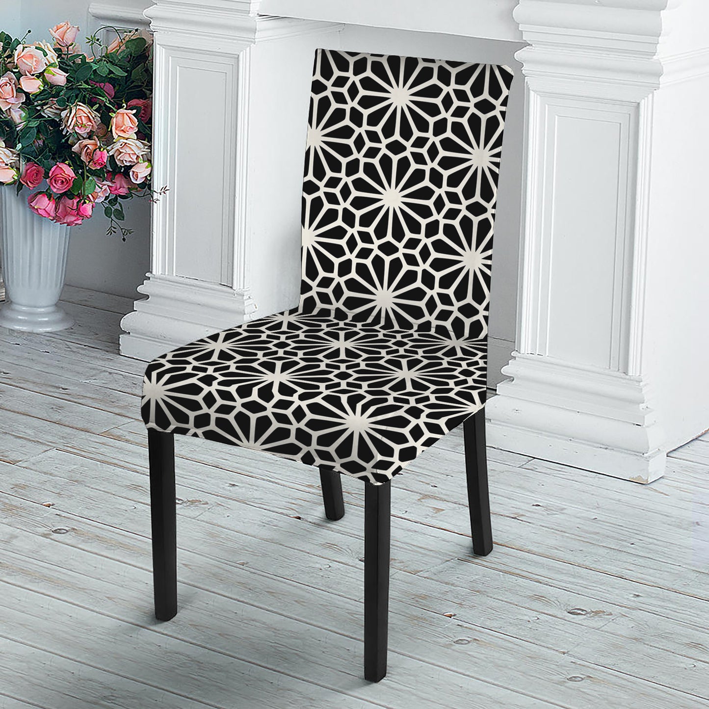 Black And White Geometric Floral Print Dining Chair Slipcover