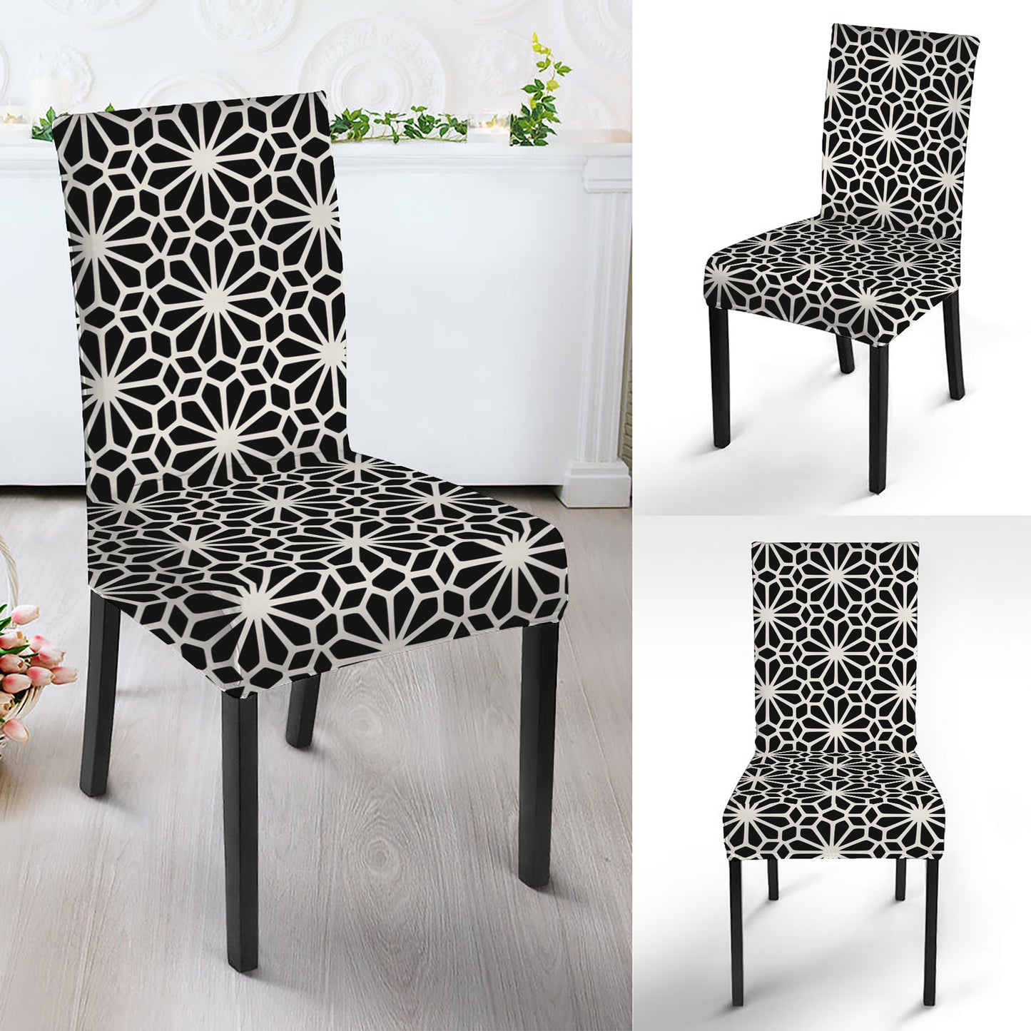 Black And White Geometric Floral Print Dining Chair Slipcover
