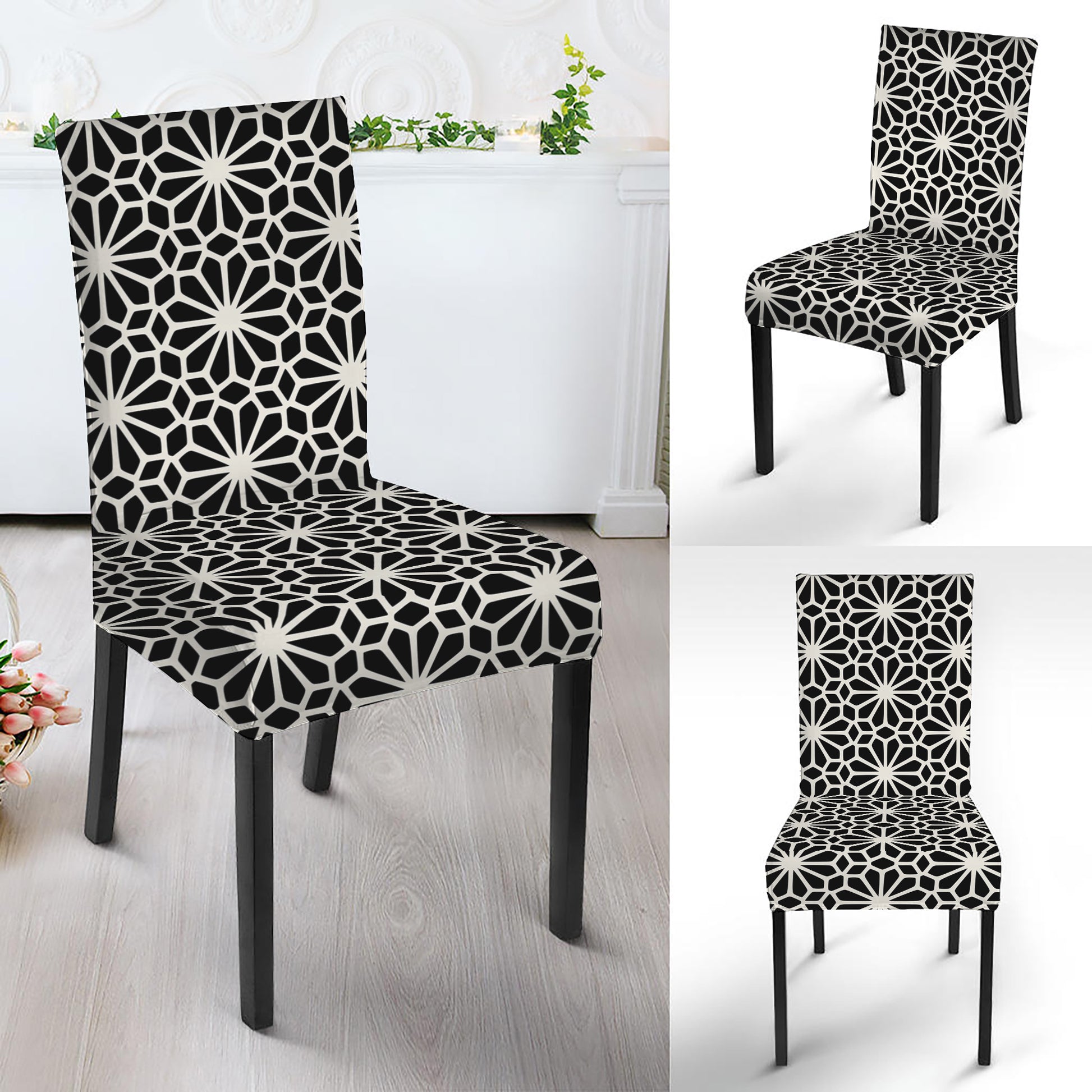 Black And White Geometric Floral Print Dining Chair Slipcover