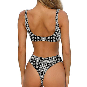 Black And White Geometric Floral Print Front Bow Tie Bikini