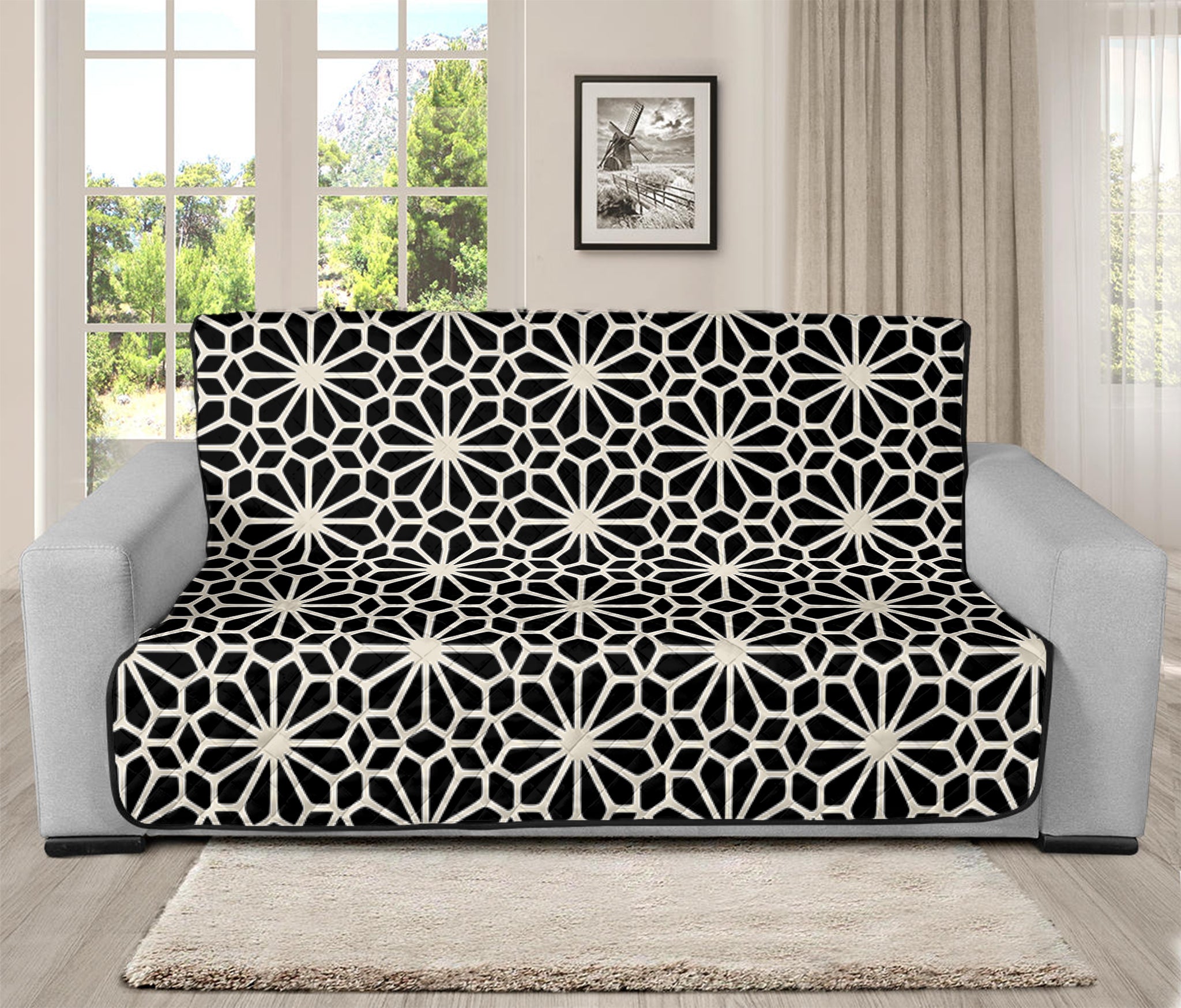 Black And White Geometric Floral Print Futon Protector