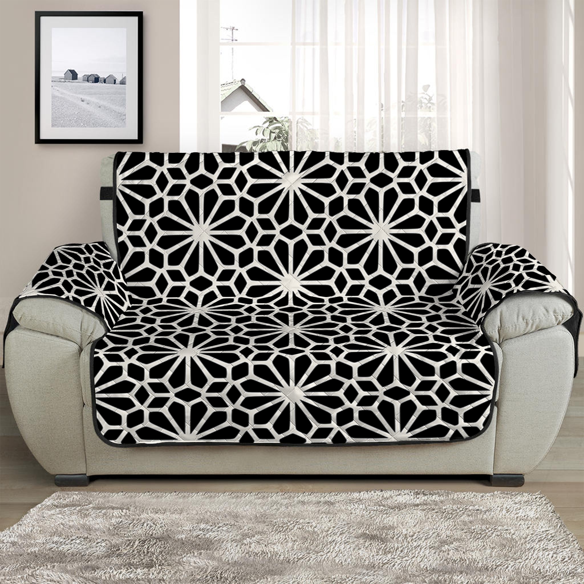 Black And White Geometric Floral Print Half Sofa Protector