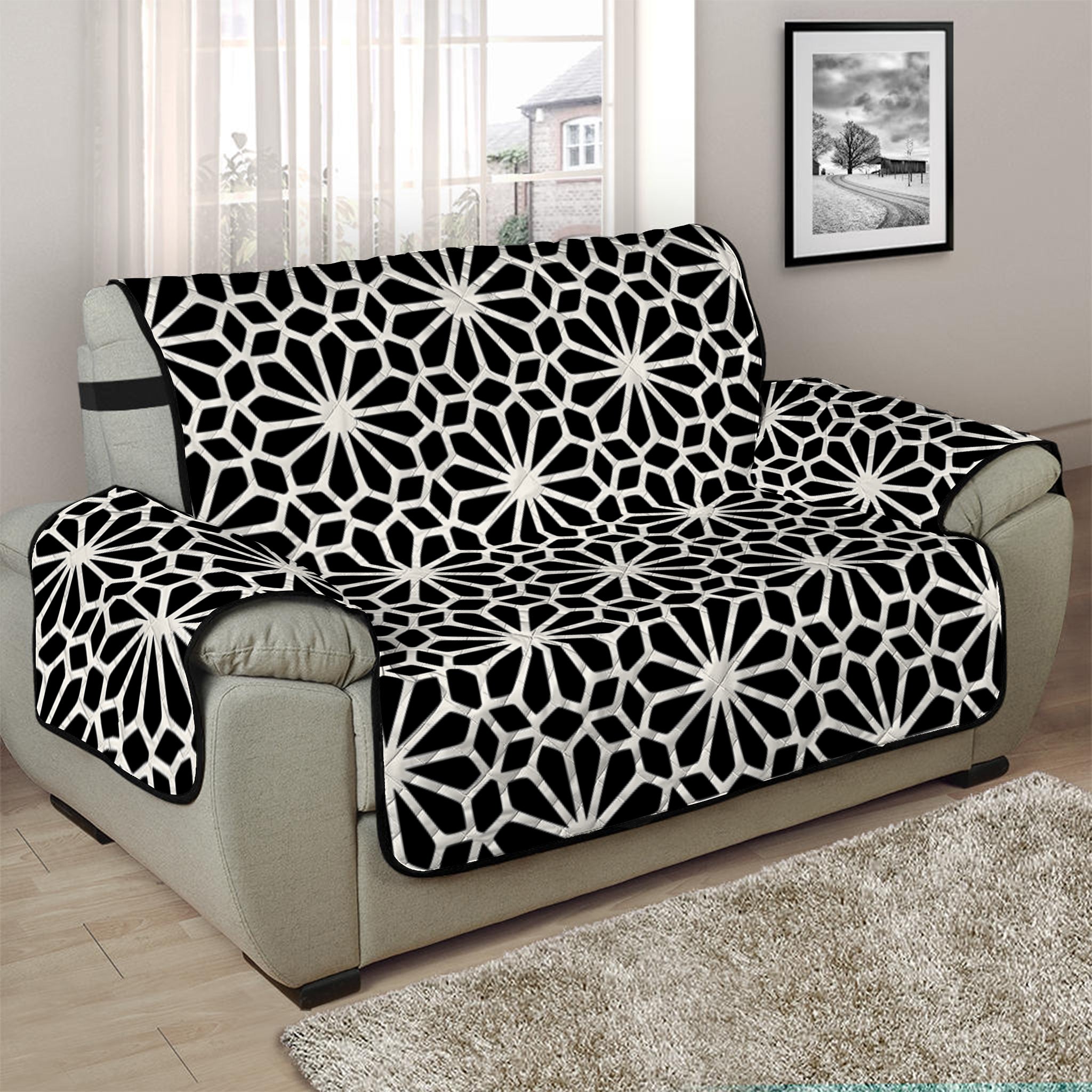 Black And White Geometric Floral Print Half Sofa Protector