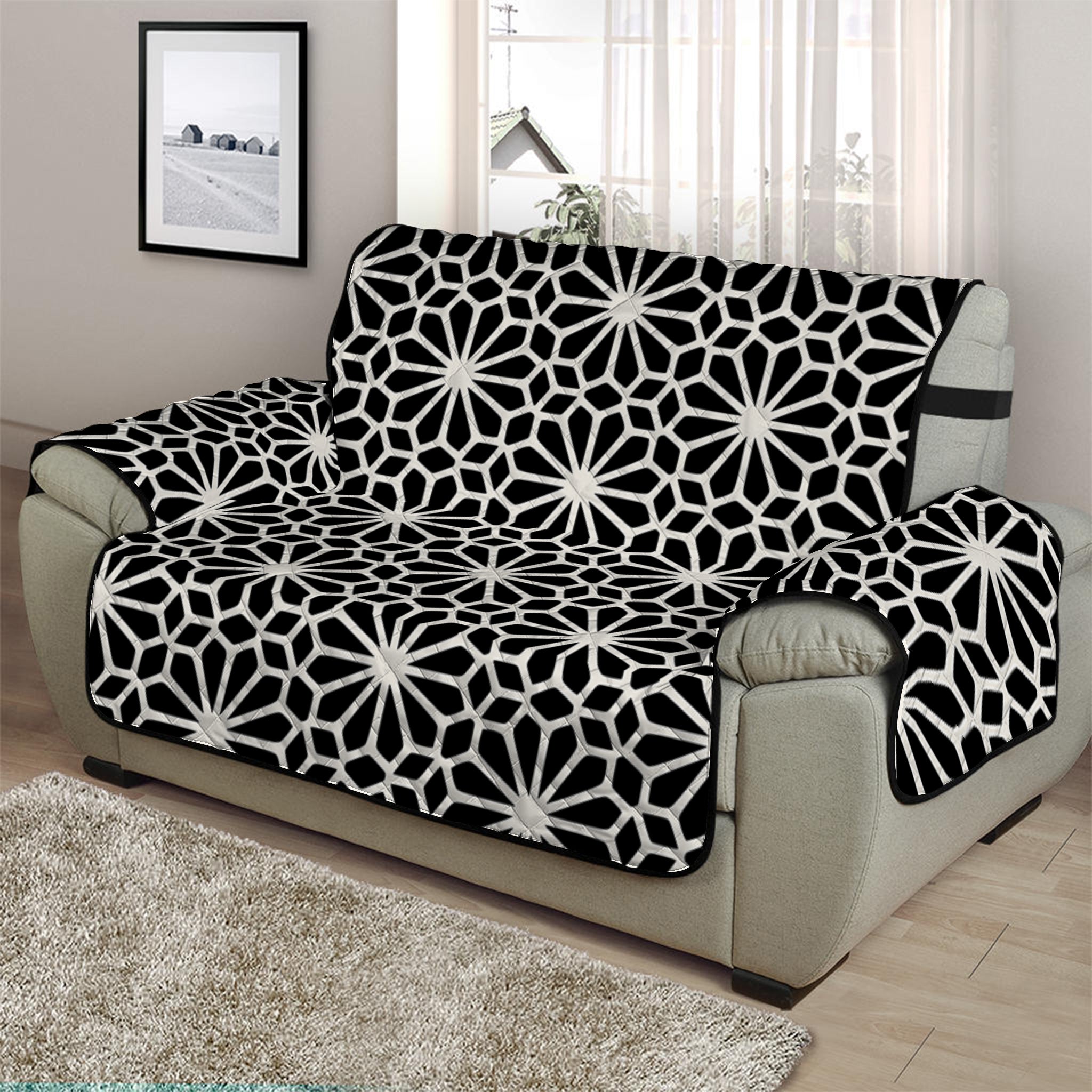 Black And White Geometric Floral Print Half Sofa Protector