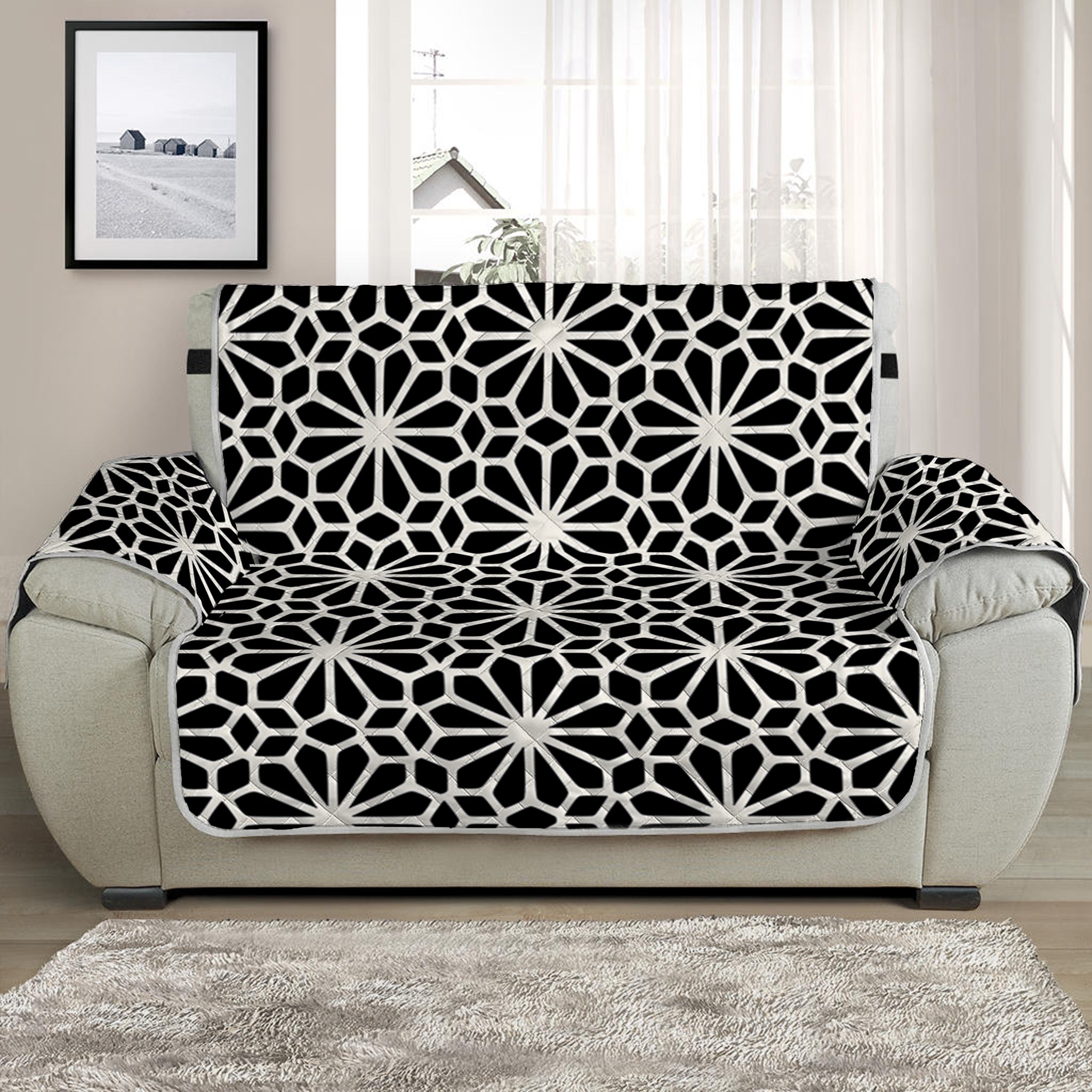 Black And White Geometric Floral Print Half Sofa Protector