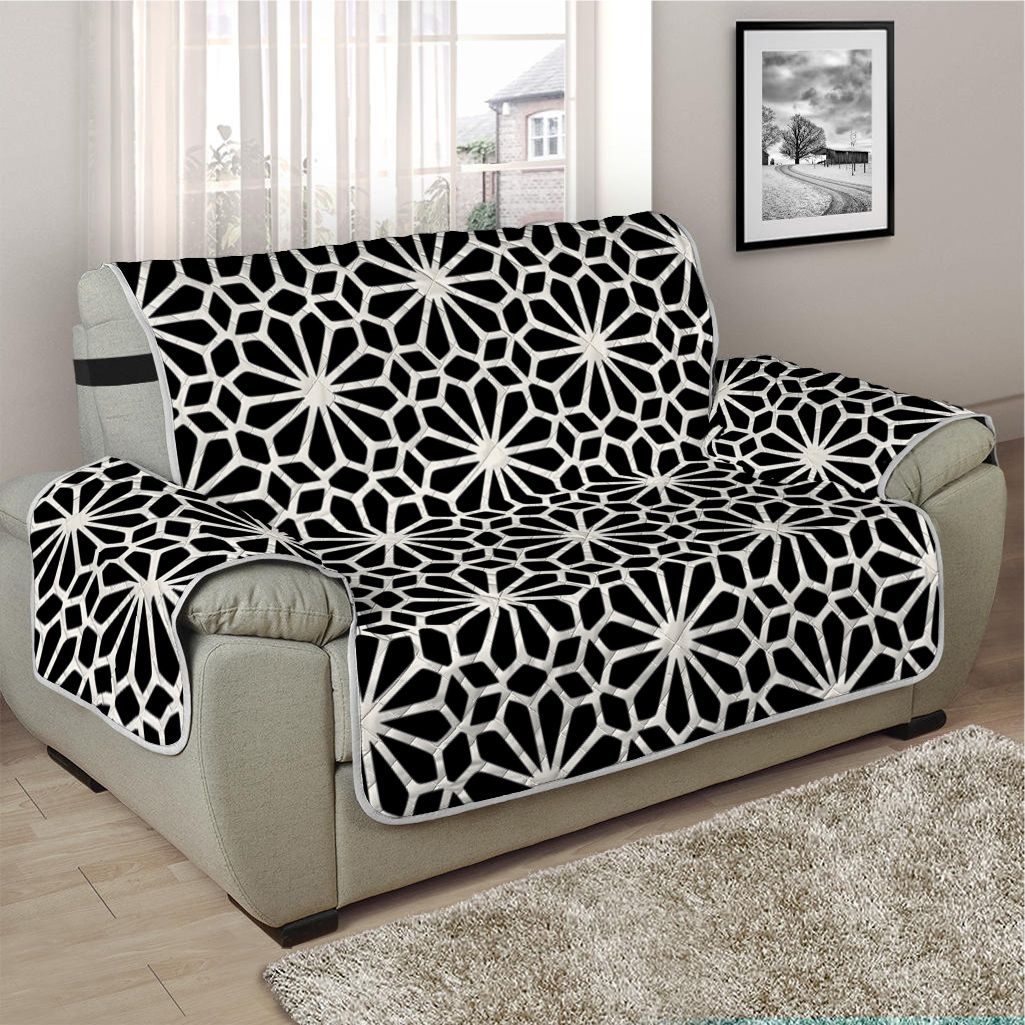 Black And White Geometric Floral Print Half Sofa Protector