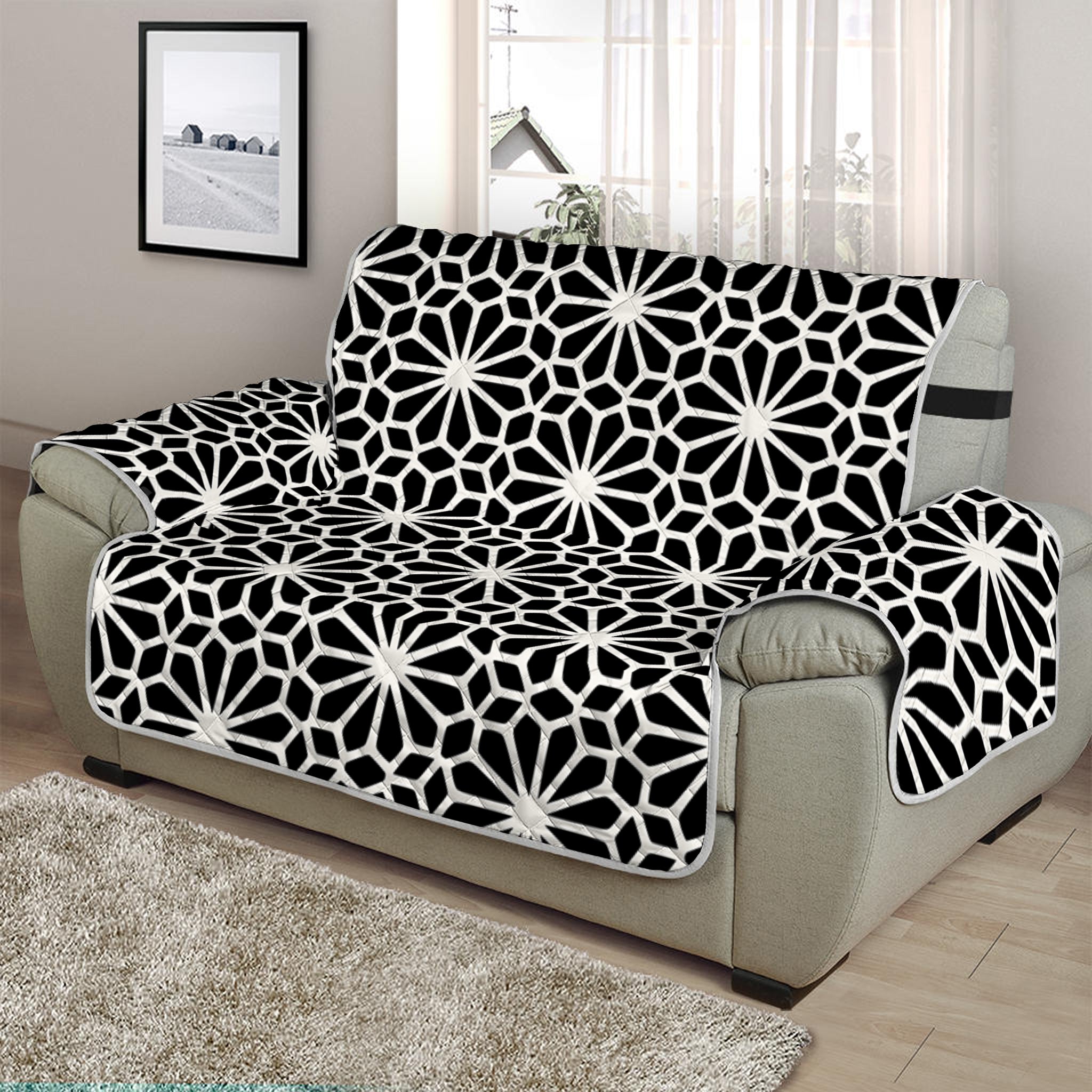 Black And White Geometric Floral Print Half Sofa Protector