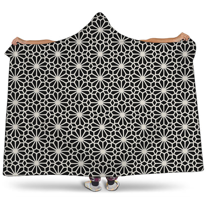 Black And White Geometric Floral Print Hooded Blanket