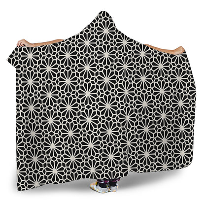 Black And White Geometric Floral Print Hooded Blanket