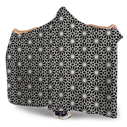 Black And White Geometric Floral Print Hooded Blanket