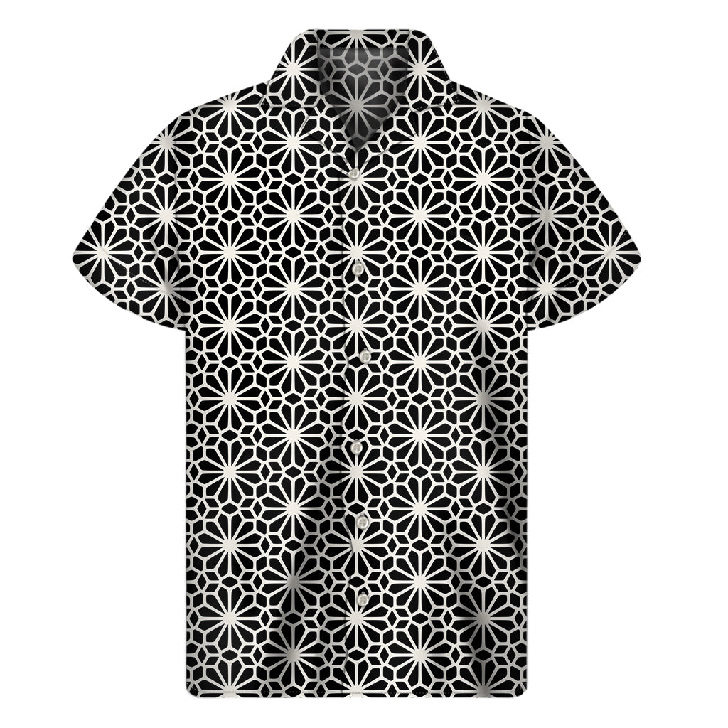 Black And White Geometric Floral Print Men's Short Sleeve Shirt