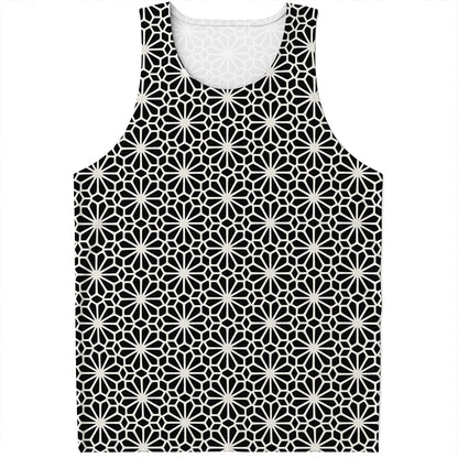 Black And White Geometric Floral Print Men's Tank Top