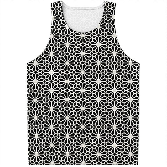 Black And White Geometric Floral Print Men's Tank Top