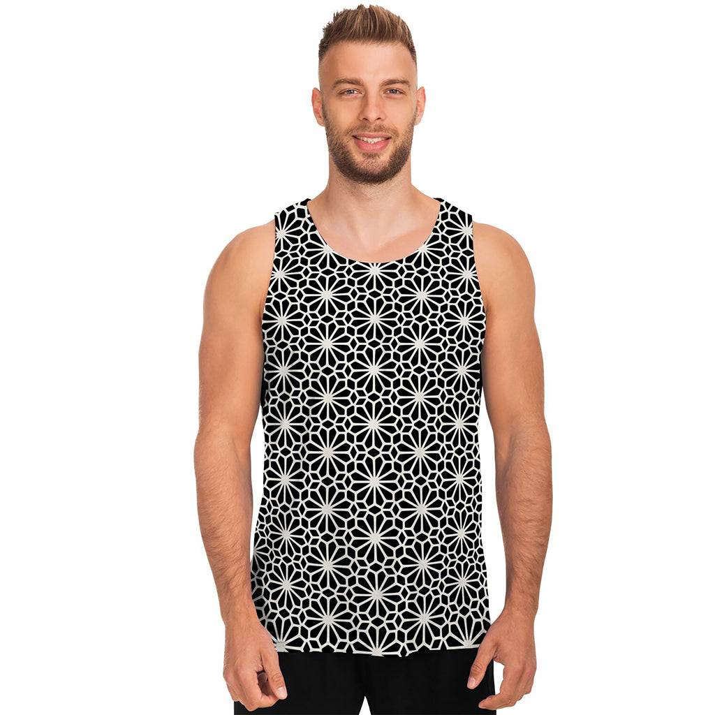 Black And White Geometric Floral Print Men's Tank Top