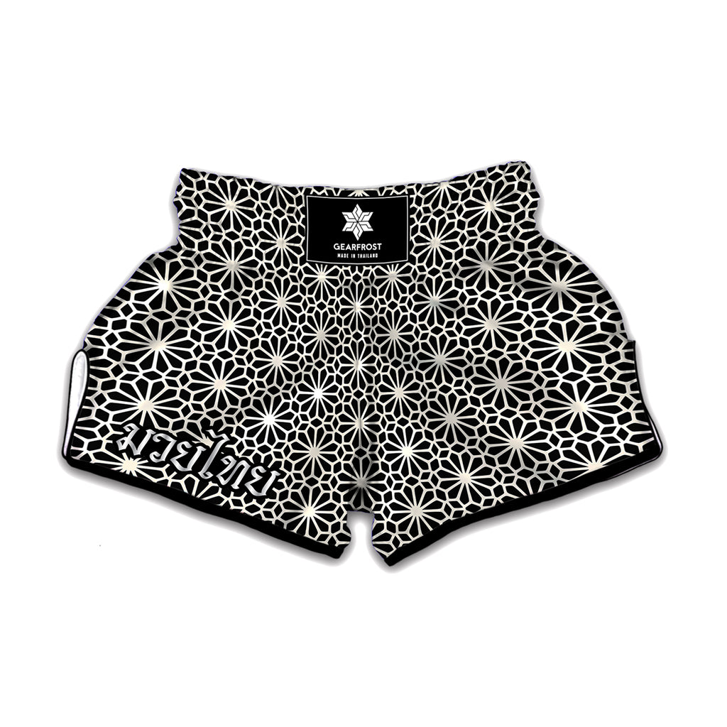 Black And White Geometric Floral Print Muay Thai Boxing Shorts