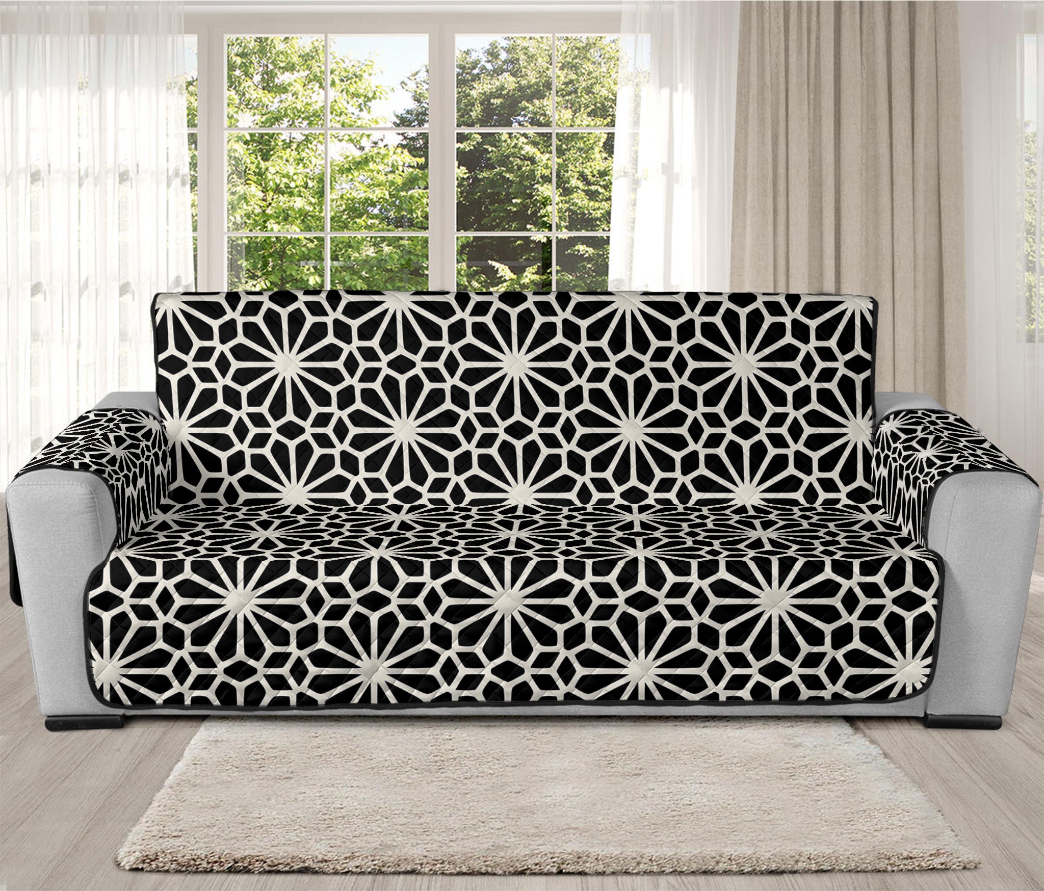 Black And White Geometric Floral Print Oversized Sofa Protector