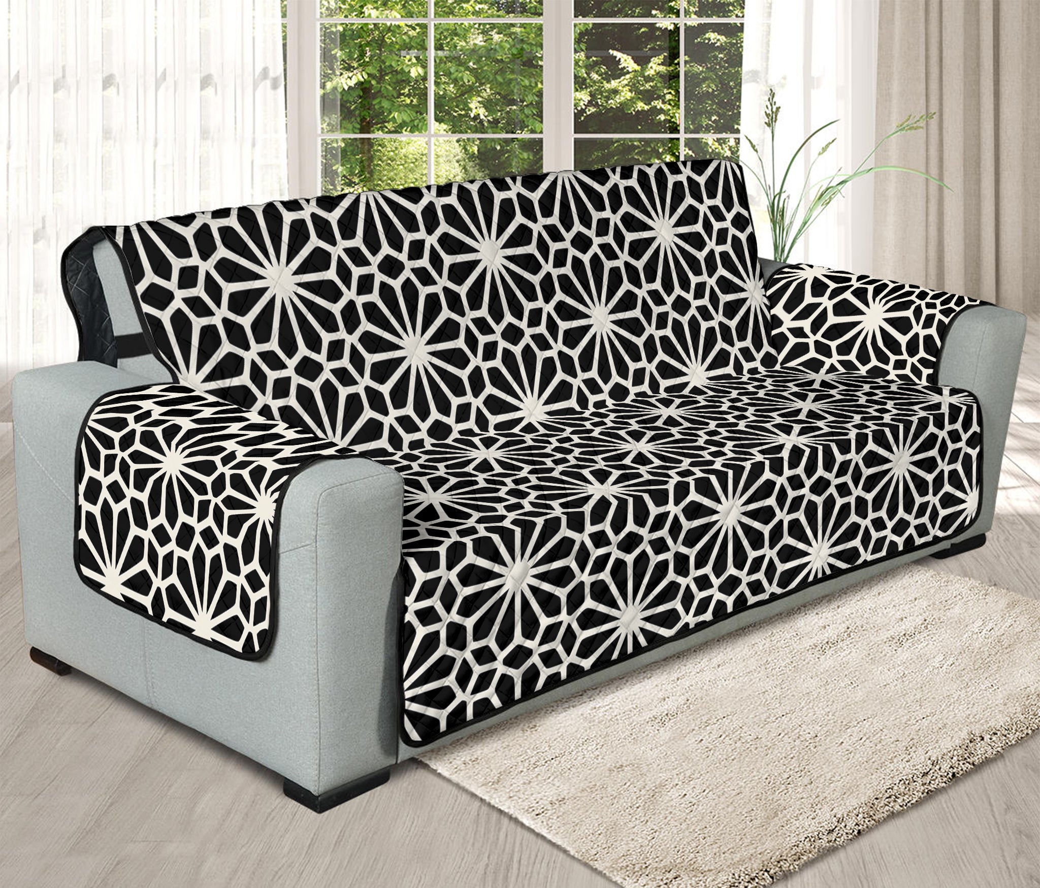 Black And White Geometric Floral Print Oversized Sofa Protector