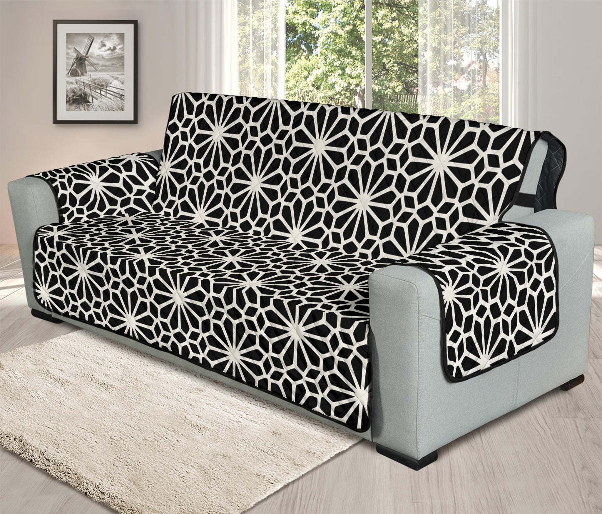 Black And White Geometric Floral Print Oversized Sofa Protector