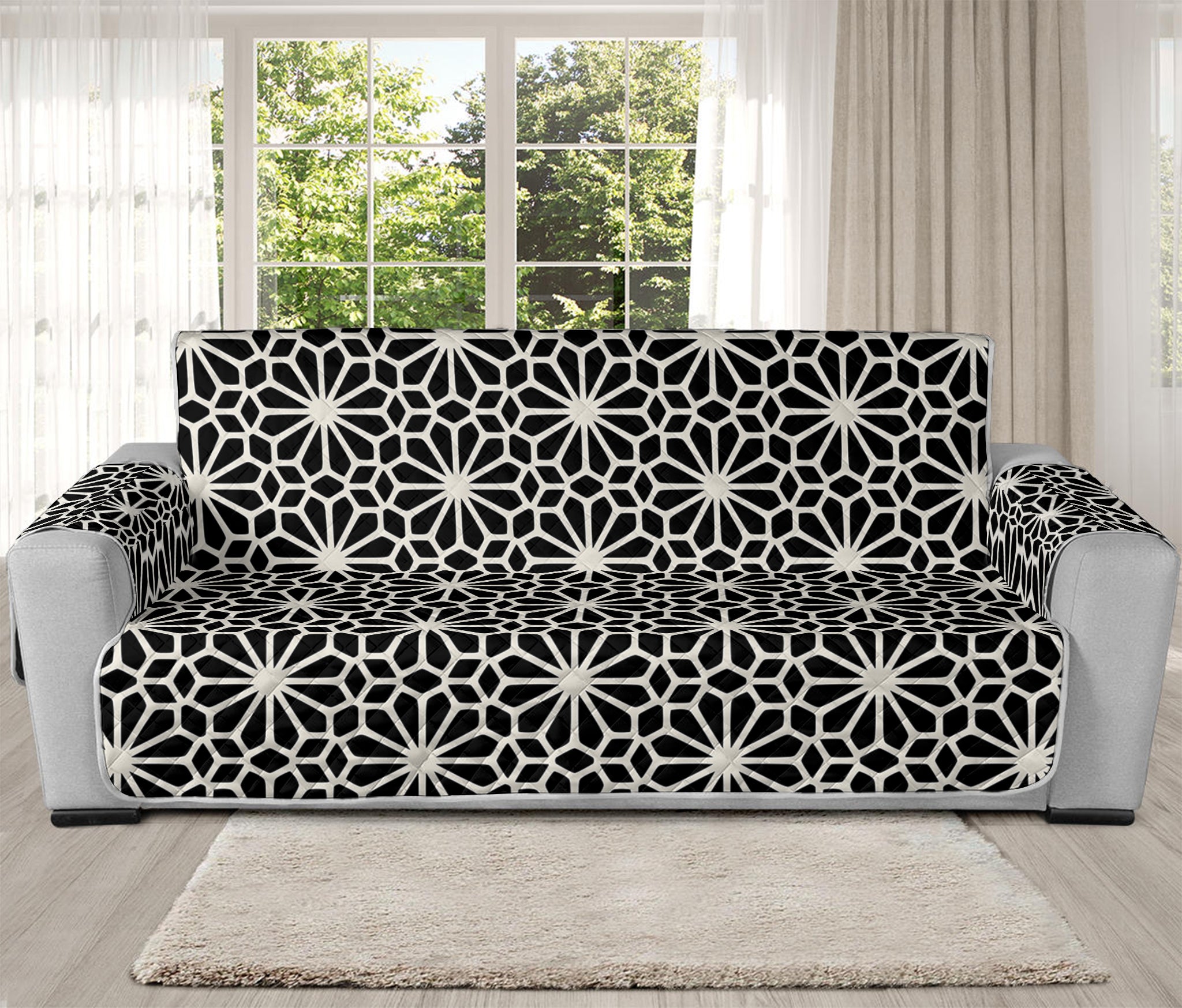 Black And White Geometric Floral Print Oversized Sofa Protector