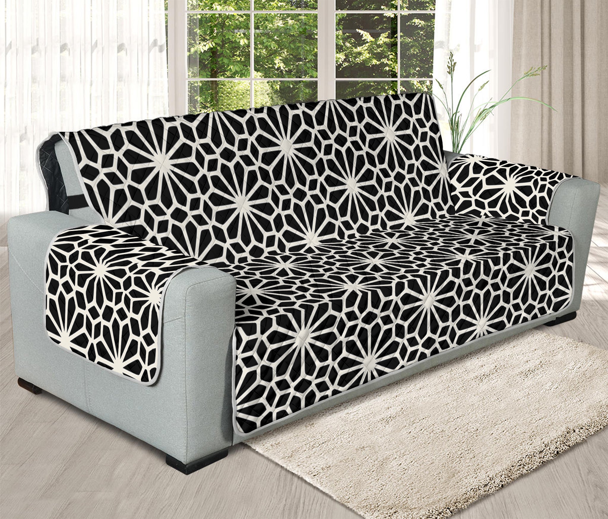 Black And White Geometric Floral Print Oversized Sofa Protector