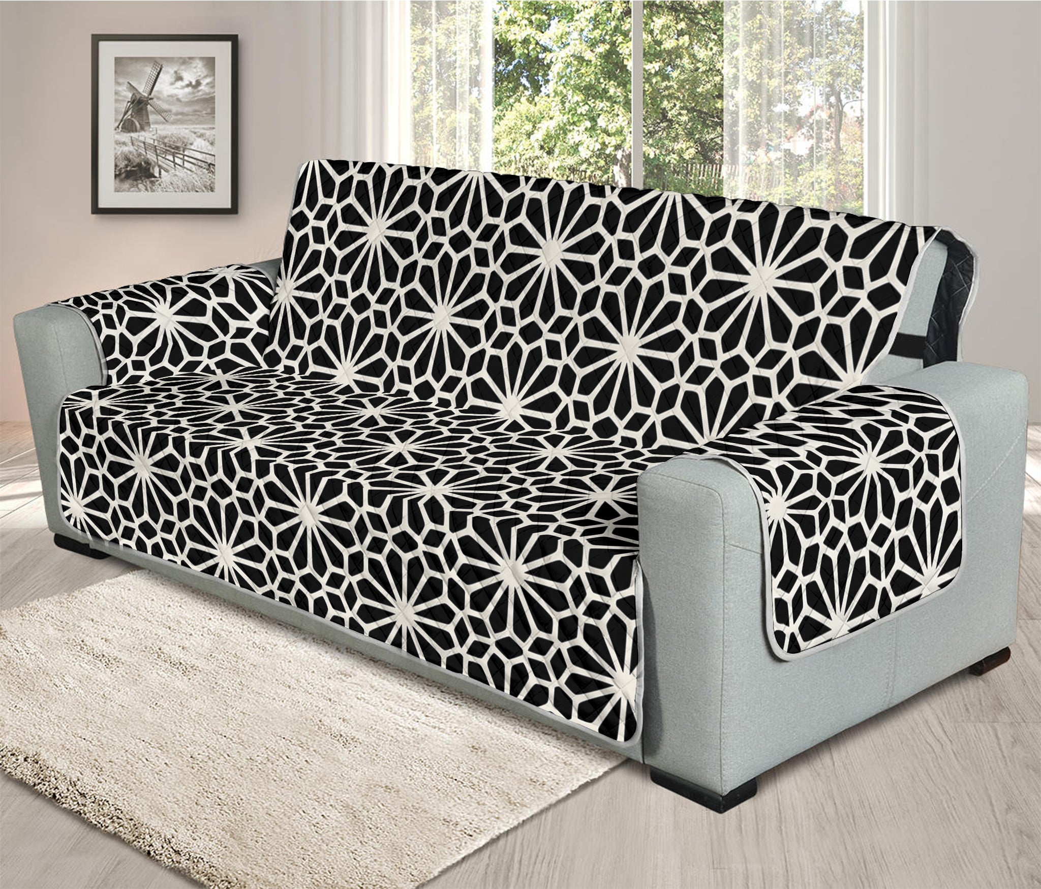 Black And White Geometric Floral Print Oversized Sofa Protector