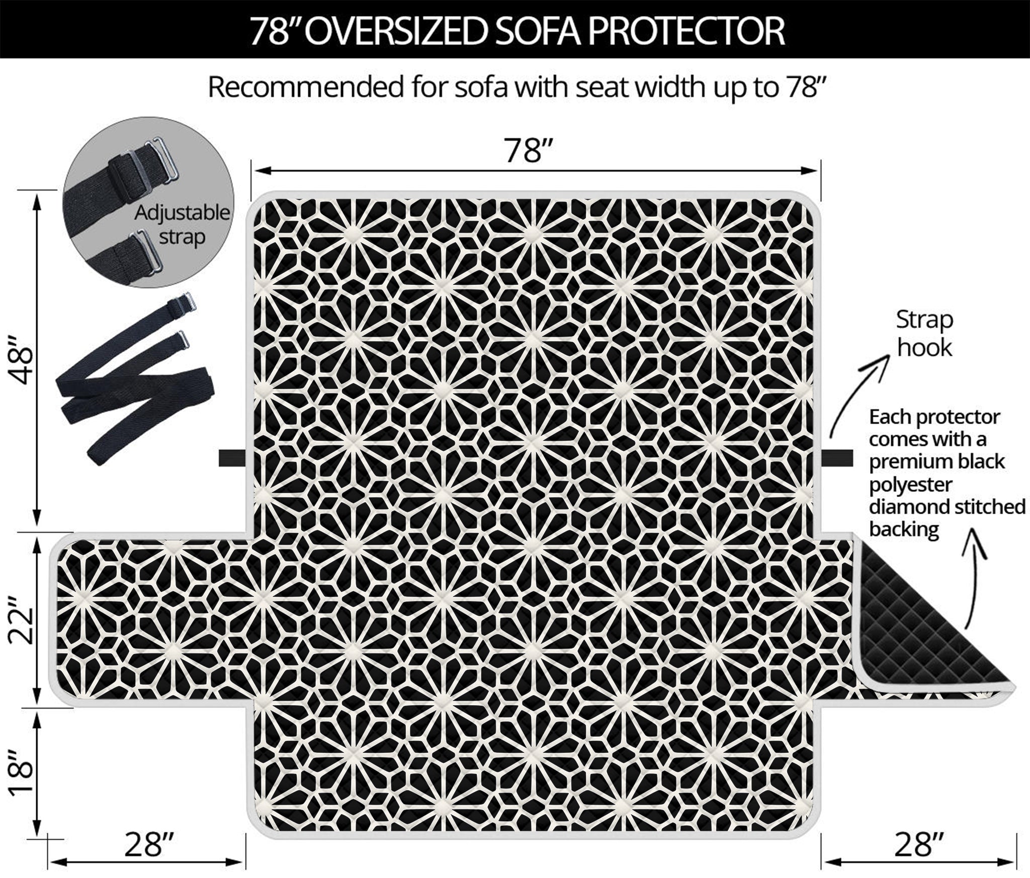 Black And White Geometric Floral Print Oversized Sofa Protector