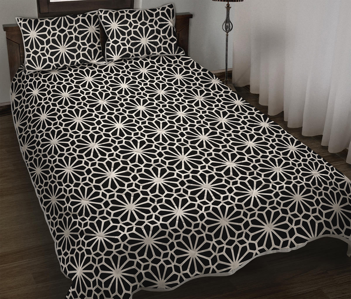 Black And White Geometric Floral Print Quilt Bed Set