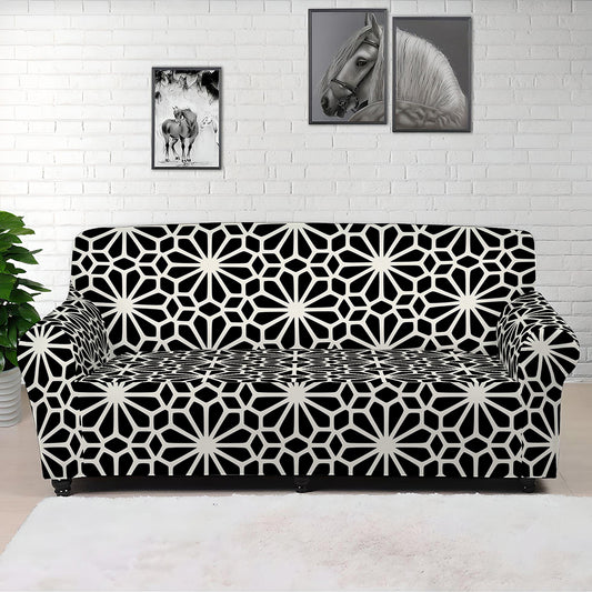 Black And White Geometric Floral Print Sofa Cover