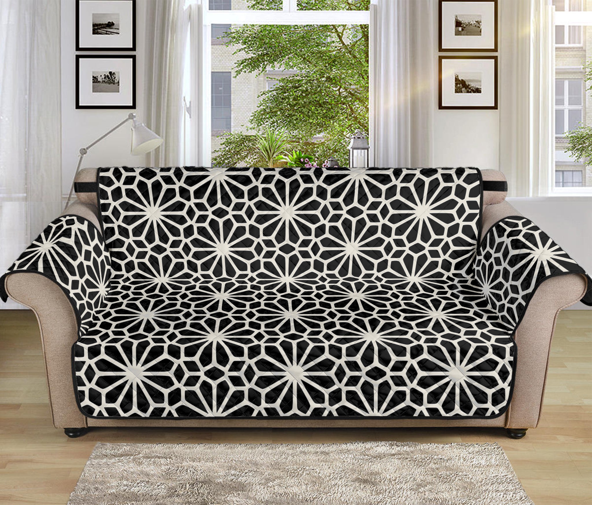 Black And White Geometric Floral Print Sofa Protector